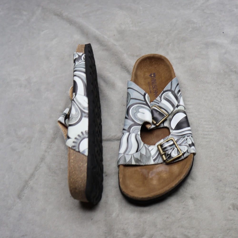 Anuschka Womens 10 Sandals Gray Floral Leather Footbed Adjustable Buckle Slides